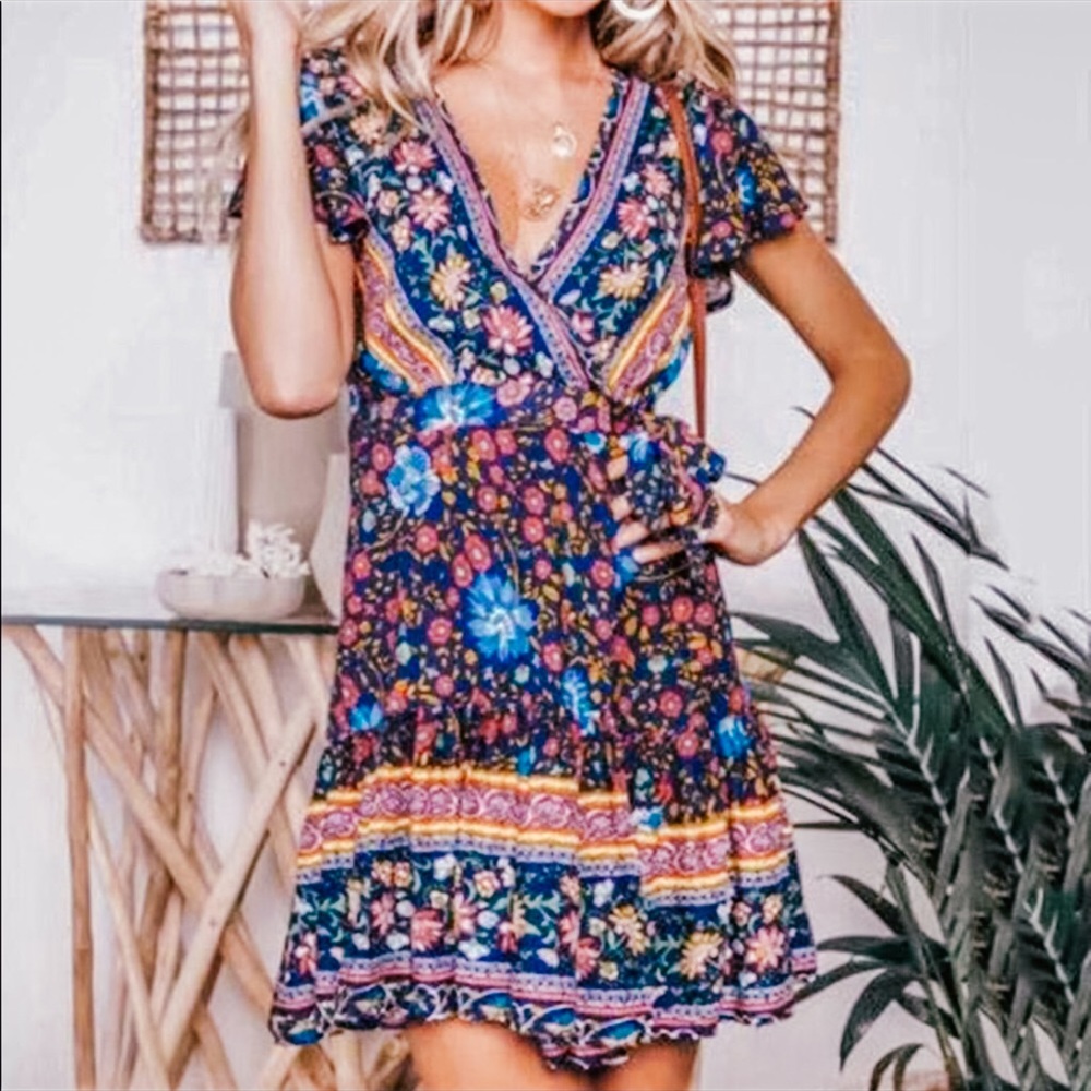 Moody Floral Wrap Dress Blue Boho Mini Dress - Picture 1 of 7